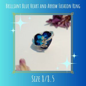 Crystal Blue Heart & Silver Arrow Women's Ring for Anniversary Birthday Holiday